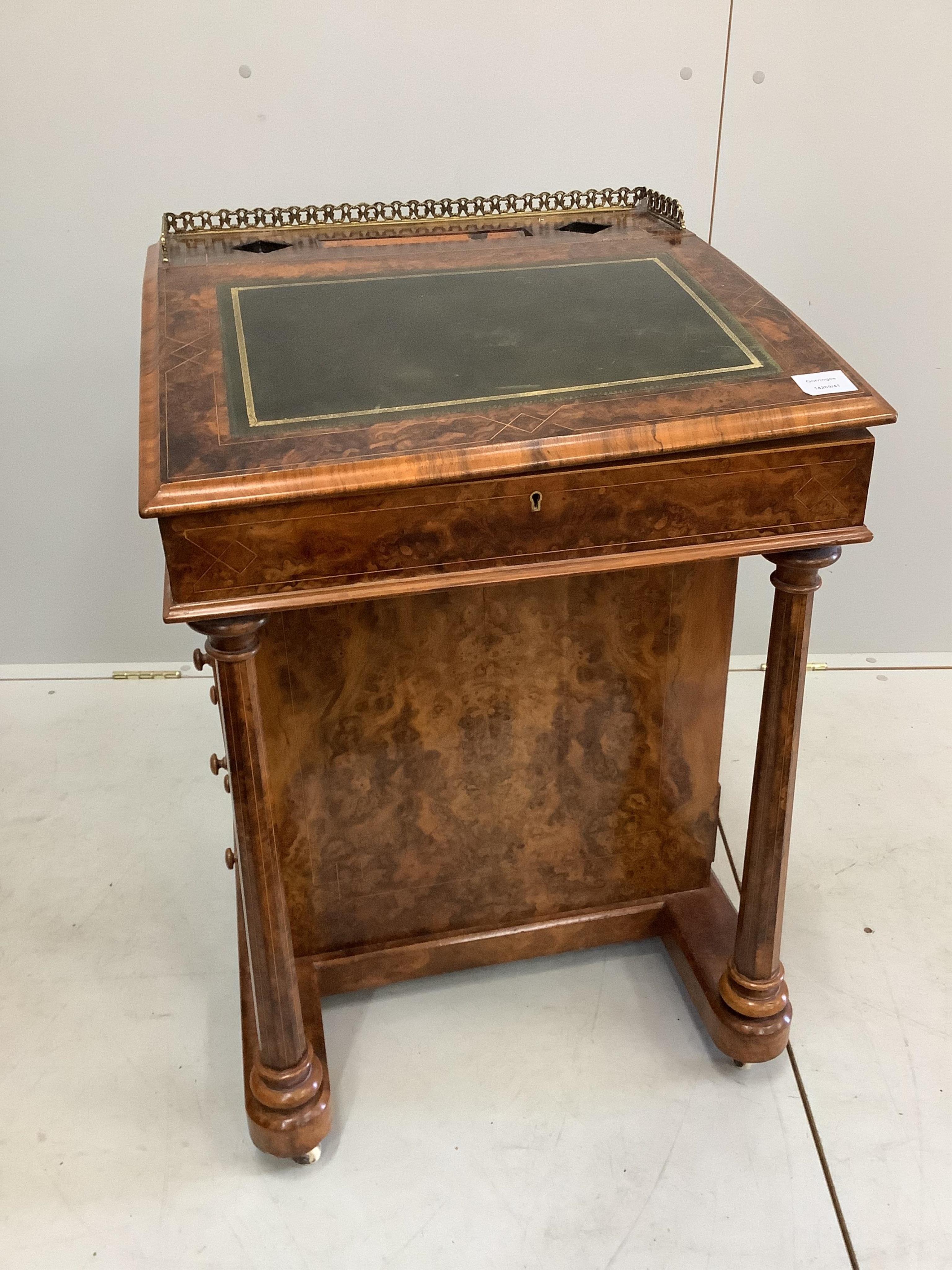 A Victorian inlaid burr walnut davenport, width 55cm, depth 55cm, height 80cm